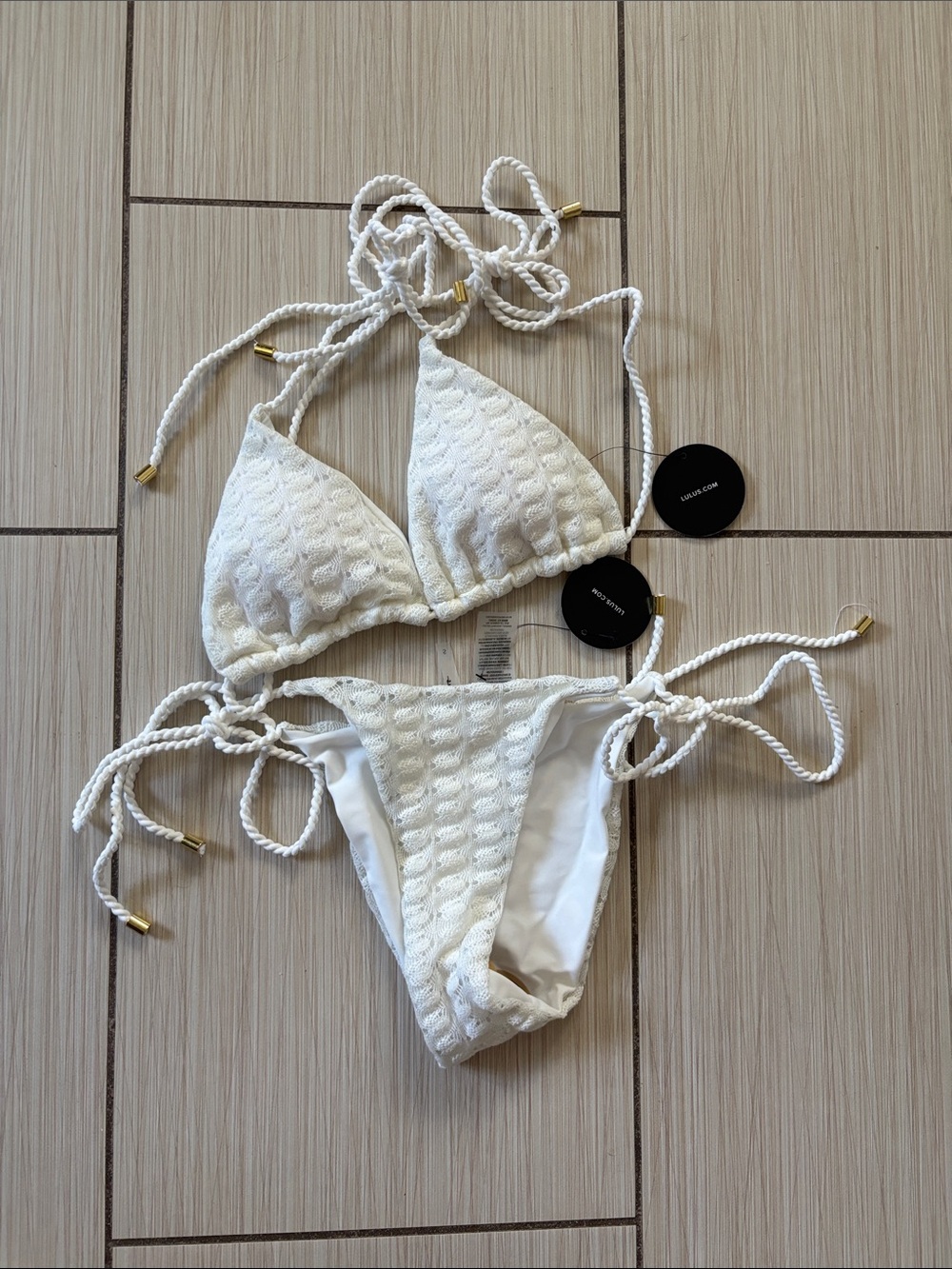 Lulus Ivory Textured Crochet-String Bikini Set